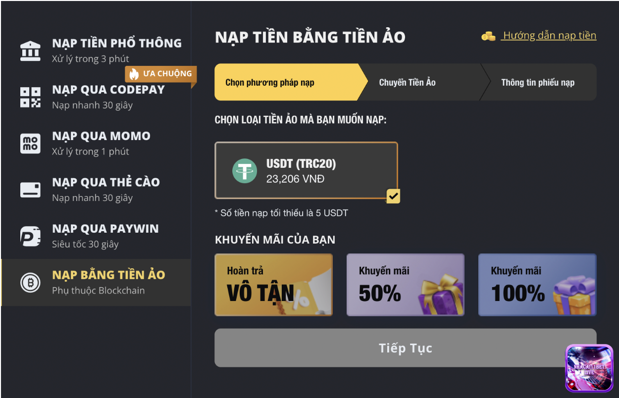 Nạp tiền 11Bet bằng tiền ảo
