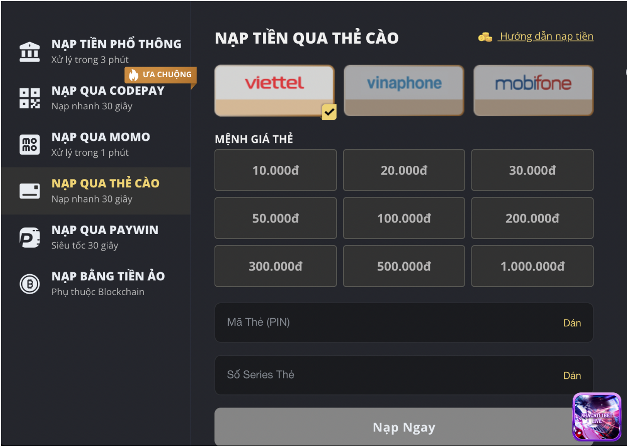 Nạp tiền qua thẻ cào